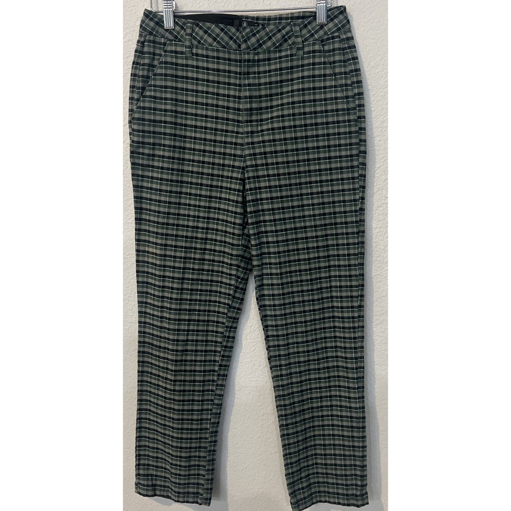 Volcom Frochickie SAGE/BLACK Plaid Casual Trouser Pants Cropped High Waist SZ 27